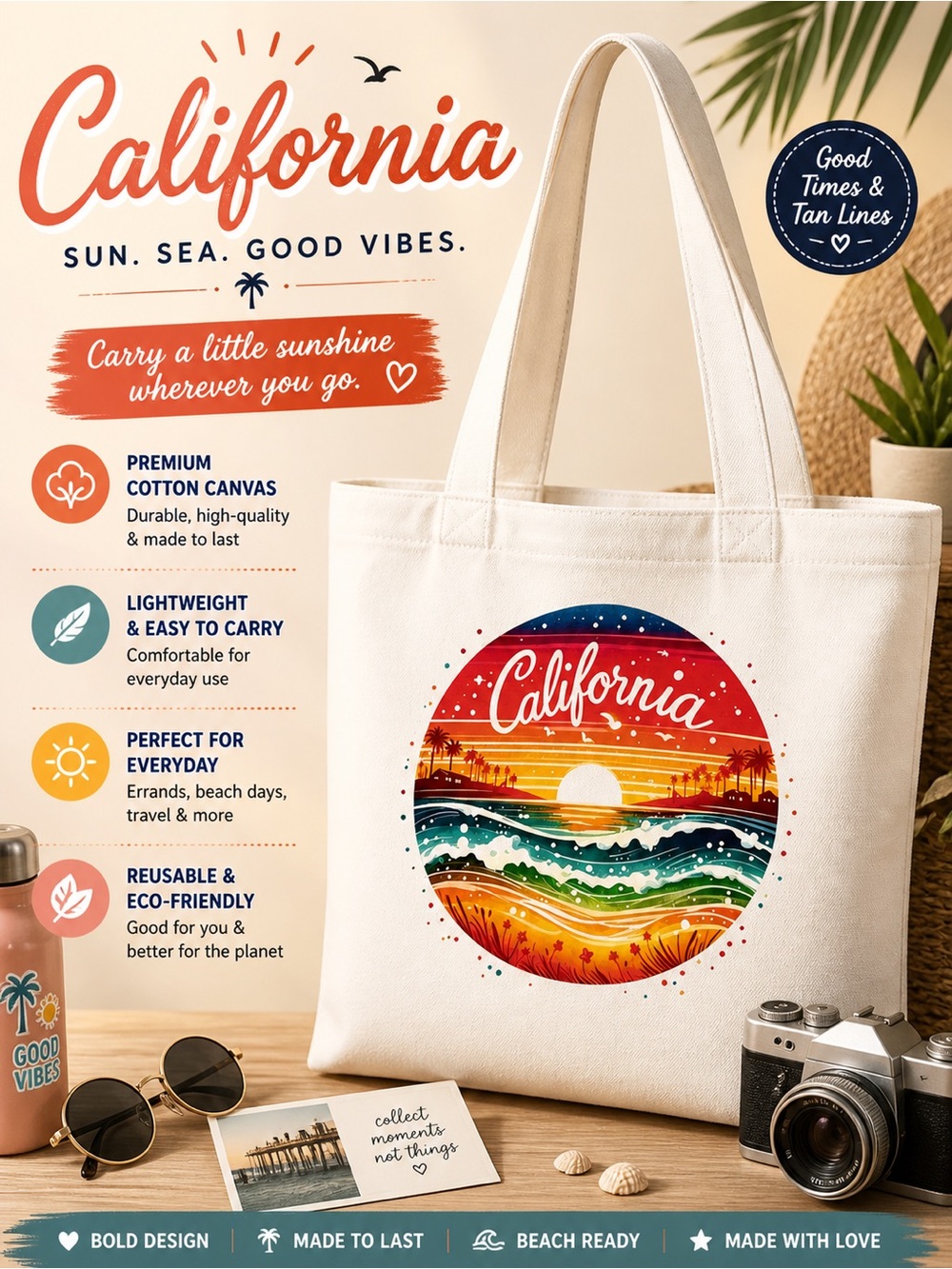 Handmade Canvas Tote Bag with Colorful California Graphic - White